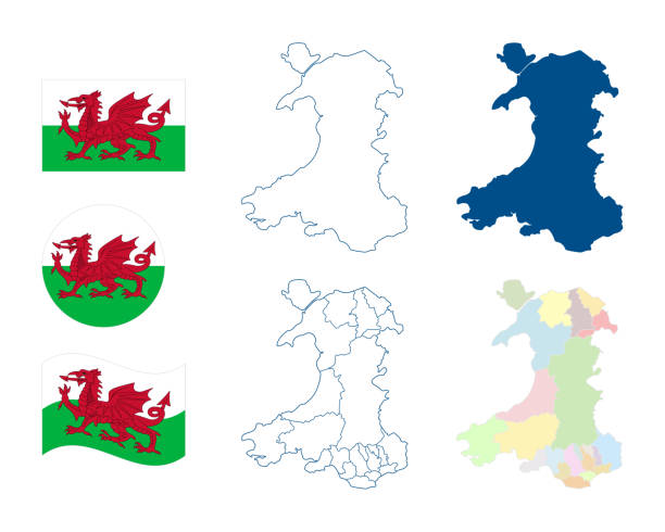 ilustrações de stock, clip art, desenhos animados e ícones de wales map. detailed blue outline and silhouette. administrative divisions and counties. country flag. set of vector maps. all isolated on white background. template for design. - wales cardiff map welsh flag