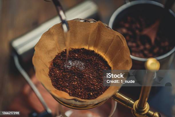 Make Pourover Coffee Pour Hot Water Into Coffee Powder Stock Photo - Download Image Now
