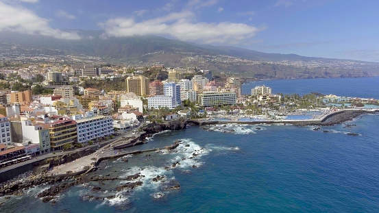 Aerial view of Puerto de la Cruz on a sunny day, Tenerife