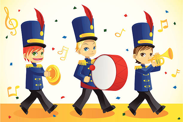 ilustraciones, imágenes clip art, dibujos animados e iconos de stock de banda de marcha - parade marching band trumpet musical instrument