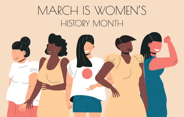 Women s history month concept vector on flat style. Event is celebrated in March in USA, Canada. Women s history month concept vector on flat style. Event is celebrated in March in USA, Canada. Girl power and feminism illustration for web, poster, banner. Diverse races society. women history month stock illustrations