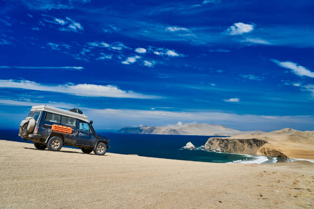 desolato e vasto paesaggio di paracas sulla costa del perù, un luogo dove deserto incontra l'oceano. mostrando cielo blu, nuvole e una spiaggia sabbiosa nel deserto - majestic landscape arid climate beach foto e immagini stock