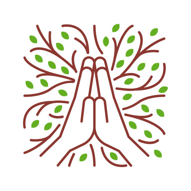 beten sie für die natur, gefaltete hand betet mit baumblatt, zweig, wurzel. vorlage für vektorsymbole - prayer position illustrations stock-grafiken, -clipart, -cartoons und -symbole