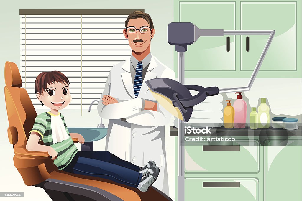 Bambino in Ambulatorio dentistico - arte vettoriale royalty-free di Adulto