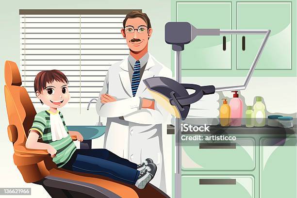 Bambino In Ambulatorio Dentistico - Immagini vettoriali stock e altre immagini di Adulto - Adulto, Ambulatorio dentistico, Apparecchiatura odontoiatrica