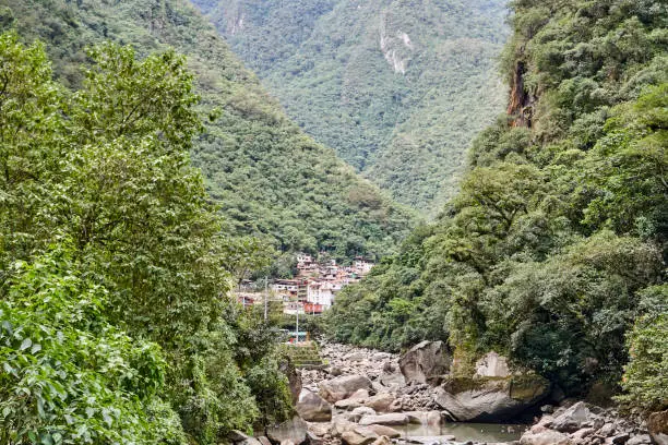 Photo of Machupicchu or Machupicchu Pueblo, also Aguas Calientes, is a popular touristic travel destination in the sacred valley of the Inca along the Urubamba river at the foot of the Machu Picchu mountain