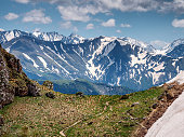 North Caucasus. Caucasian nature reserve. Lago-Naki Plateau in spring. Instructor's mountain gorge pass.