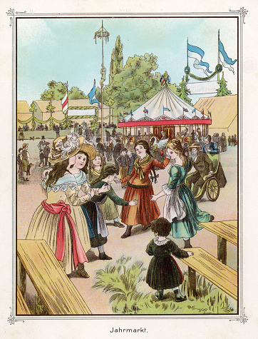 Vintage illustration of Children having fun at a traditional fair, Victorian childhood. German, 1890s, 19th Century