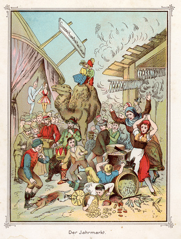 Vintage illustration of Out of control dog causing chaos at a fair.  German, 1890s, 19th Century