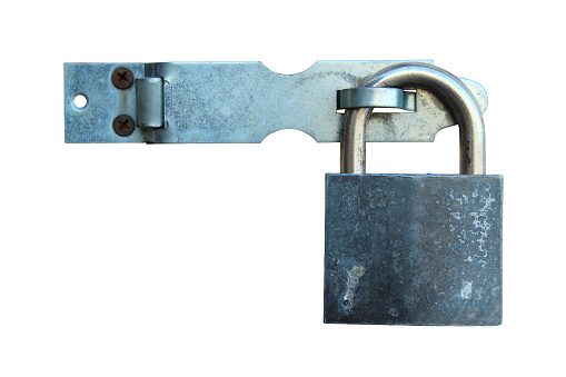 Metal padlock for door and hinge. Close-up. Isolated object on a white background. Isolate.