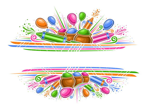 Vector Border for Holi Festival Vector Border for Holi Festival with copy space for text, horizontal frame with illustration of variety colorful balloons, decorative gulal powder in bowls for color holi festival on white background colorful page borders stock illustrations