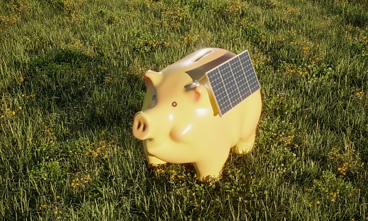 Solar panel on a piggy bank, symbolizing sustainable energy and finance concepts. (3d render)
