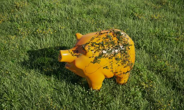 Ivies on a piggy bank, symbolizing sustainable energy and finance concepts. (3d render)