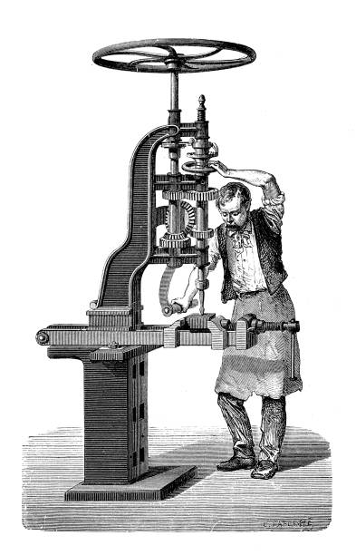 ilustrações, clipart, desenhos animados e ícones de trabalhador ocupado na oficina com uma máquina de perfuração vertical, gravura do século 19 - 19th hole