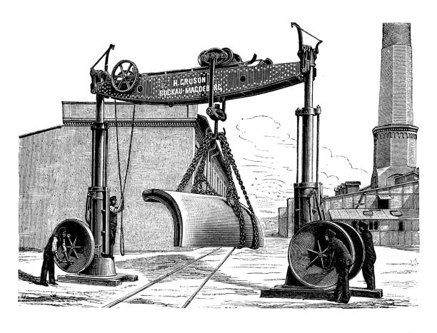 Industrial machines: hydraulic hoist with horizontal crane beam by Gruson's industries in Magdeburg - Germany,19th century engraving