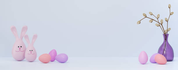 istock Banner. 3d illustration of Easter decor. Easter eggs, rabbits, a vase with sprigs in pastel colors. 1366233676