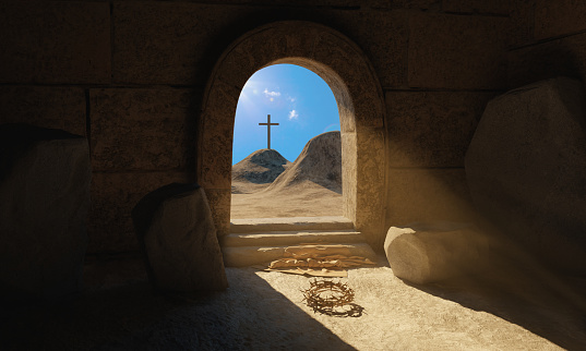 Resurrection of Jesus Christ. Bible story. The exit from the empty stone tomb is flooded with light. A thrown laurel wreath and a shroud on the floor. Religious Easter background. 3d illustration.