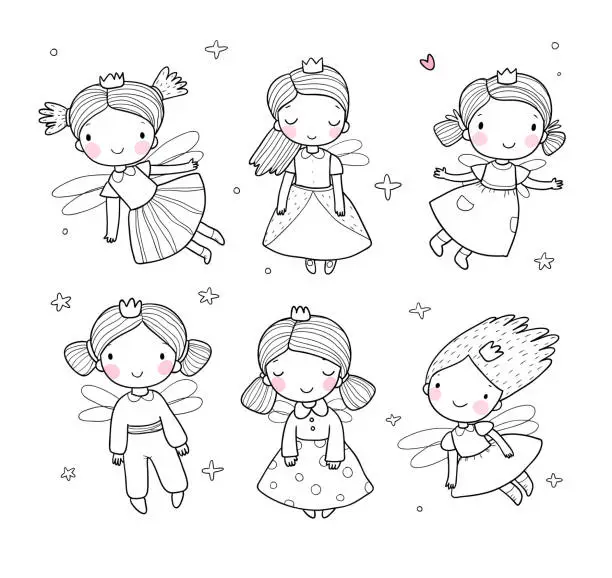 Vector illustration of Cute cartoon fairies and princesses. Fairy elves.Vector