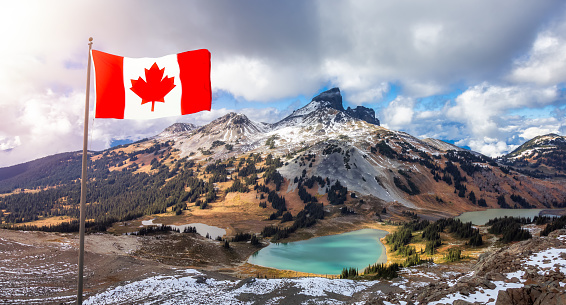 Canadian National Flag Composite. Nature landscape in mountains. Garibaldi Provincial Park, located near Whistler and Squamish, North of Vancouver, BC, Canada.