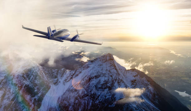 Twin Engine Airplane Flying over the Rocky Mountain Landscape. Adventure Composite. 3D Rendering Plane. Aerial Background from British Columbia near Vancouver, Canada.