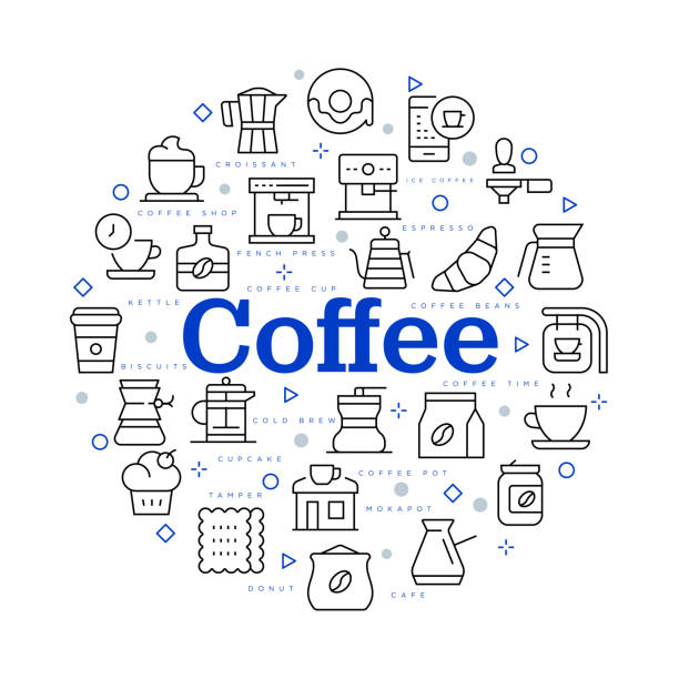 kaffee-konzept. vektordesign mit icons und keywords. - kaffe auf glastisch stock-grafiken, -clipart, -cartoons und -symbole