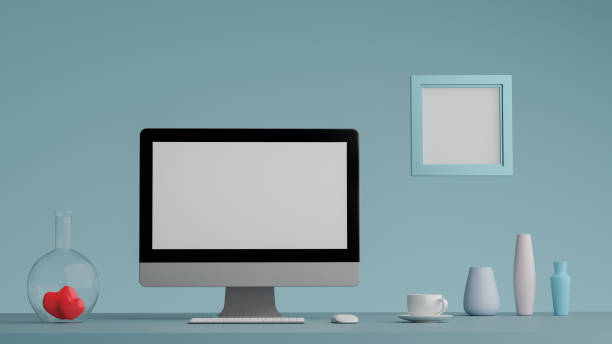 istock Blank screen on the desktop computer with a cup of coffee, mock-up, 3D Rendering 1366238684