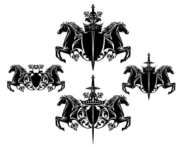Vector illustration of black and white vector heraldry with shield, sword, crown and pair of horse heads