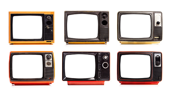Collection of retro old television red and yellow with white screens isolated on white background. Six old TV sets