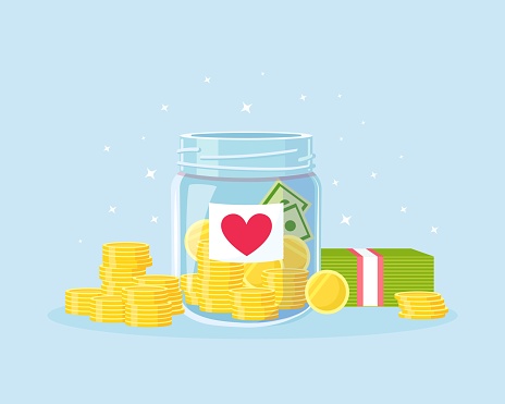 Glass money jar full of gold coins with heart sticker for donate. Saving dollar coin in moneybox. Donation, Volunteers Charity. Growth of income, savings, investment. Business success. Vector design
