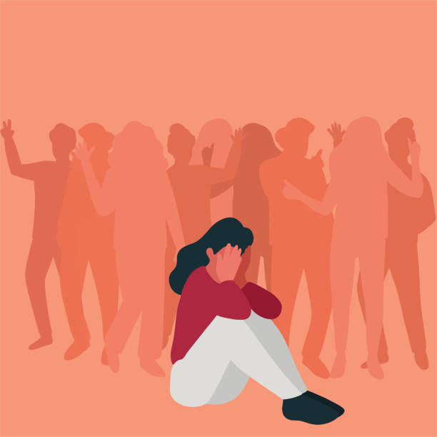 ilustraciones, imágenes clip art, dibujos animados e iconos de stock de mujer triste sentada entre la multitud - avergonzamiento