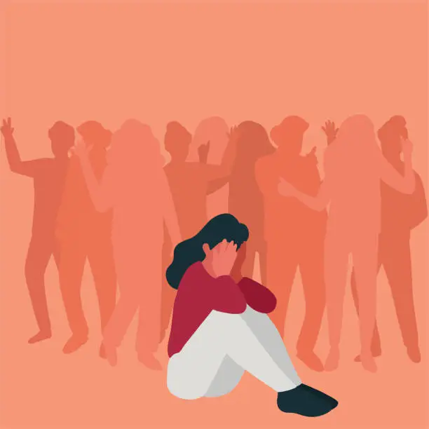 Vector illustration of Sad woman sitting in the crowd