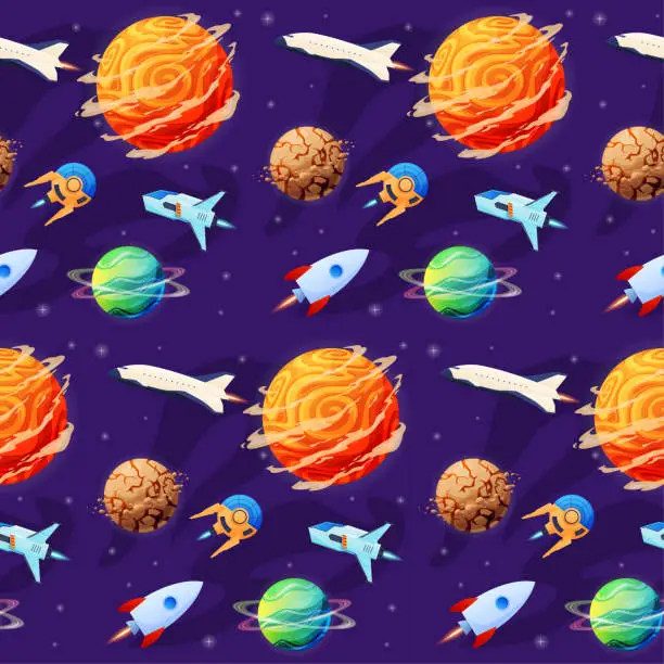 Vector illustration of Spaceship and planets seamless pattern vector illustration. Childish wallpaper decorative design