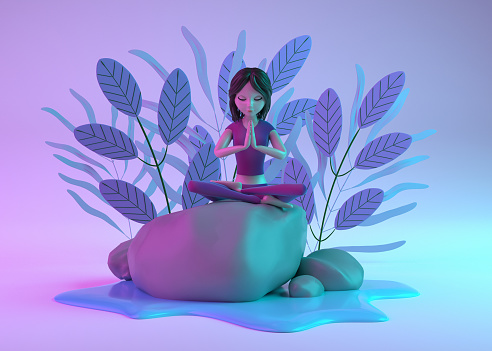 Illustration of a woman sitting on a rock among tropical leaves by the water in neon lighting. The concept of relaxation, yoga. 3D Render.