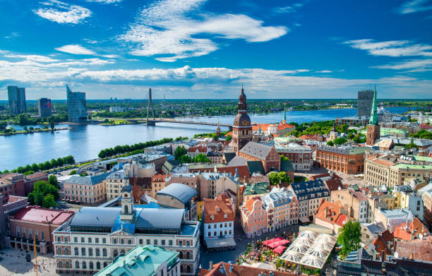 istock Aerial panoramic city view with buildings and Daugava river. 1366248181