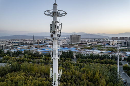 5G Cell Tower, Cellular communications tower for mobile phone and video data transmission.