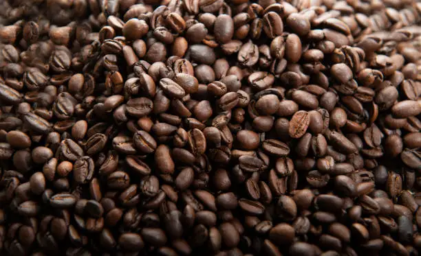 Photo of Dark fresh coffee beans , background. 
Freshly Roasted Coffee Beans