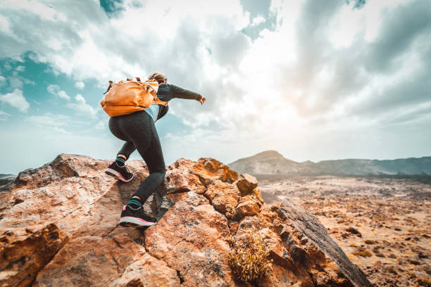 istock Successful hiker hiking on mountain peak. 1366248474