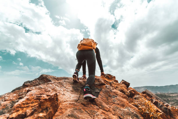 istock Successful hiker hiking on mountain peak. 1366248493