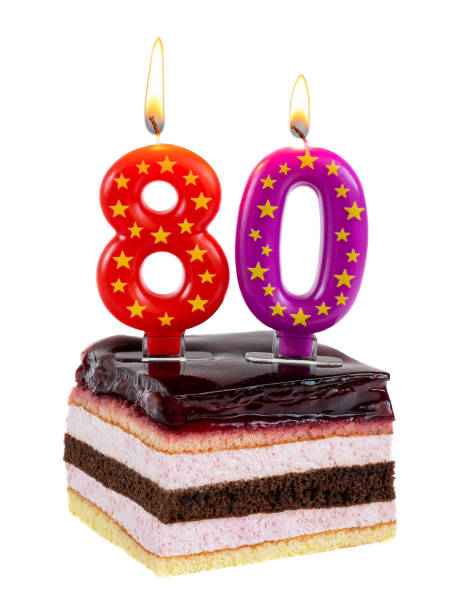 istock Birthday cake with burning candles for 80th anniversary 1366249444