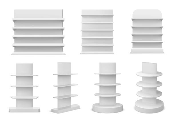3d 현실적인 흰색 슈퍼마켓 선반 디스플레이 및 서점 랙. 빈 시장, 상점 또는 상점 선반. 프로모션 스탠드 모형 벡터 세트 - shelf stock illustrations