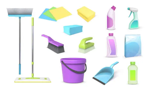 Vector illustration of Realistic 3d home cleaning tools, brooms, mop and bucket. Household cleanup and dish washing chemical products, rags and sponges vector set