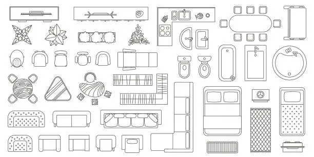 Vector illustration of House floor plan furniture top view line icons. Apartment interior blueprint map elements. Table, seats, sofa, bath and toilet vector set