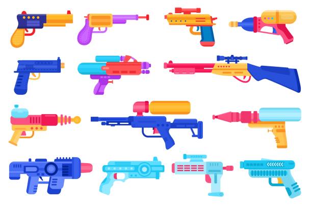 kreskówkowa broń zabawkowa dla dzieci, pistolety wodne, pistolety i blastery. plastikowe pistolety i rayguny do letnich gier. zestaw wektorowy laserów kosmicznych dla dzieci - toy gun stock illustrations