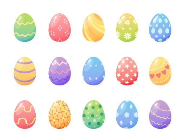 kreskówkowe kolorowe wielkanocne malowane jajka z wzorami i teksturami. wiosenne świąteczne elementy dekoracyjne. happy easter day egg hunt vector set - pattern easter flower spotted stock illustrations