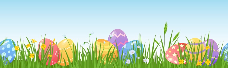 Cartoon easter eggs on meadow green grass seamless border. Spring lawn with painted egg and flowers. Happy easter day hunt vector background. Decorated chocolate eggs for religious game