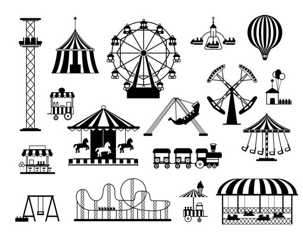 ilustrações de stock, clip art, desenhos animados e ícones de fun amusement carnival park attractions and carousels black silhouettes. funfair circus tent, swings, train and hot air balloon vector set - amusement park illustrations