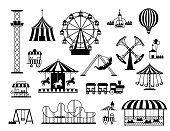 Fun amusement carnival park attractions and carousels black silhouettes. Funfair circus tent, swings, train and hot air balloon vector set