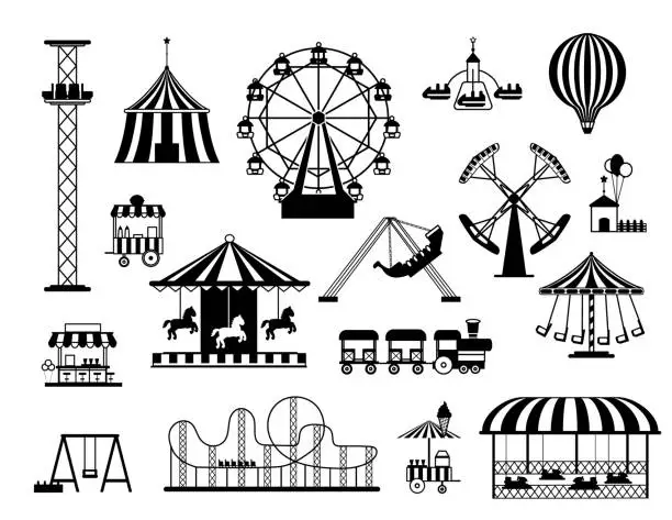 Vector illustration of Fun amusement carnival park attractions and carousels black silhouettes. Funfair circus tent, swings, train and hot air balloon vector set