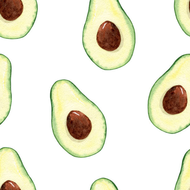 aquarell halb avocado nahtloses muster auf weißem hintergrund. - guacamole avocado cutting white background stock-grafiken, -clipart, -cartoons und -symbole