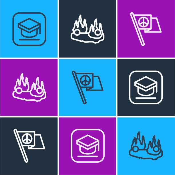 ilustrações de stock, clip art, desenhos animados e ícones de set line graduation cap, peace and burning car icon. vector - university graduation car student